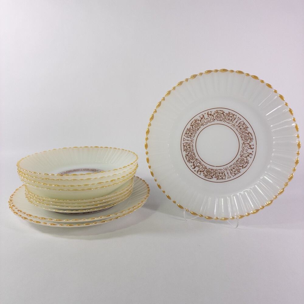 Set of 11 Termocrisa Milk Glass Gold Luster Soup Bowls, Plates, Serving Plates